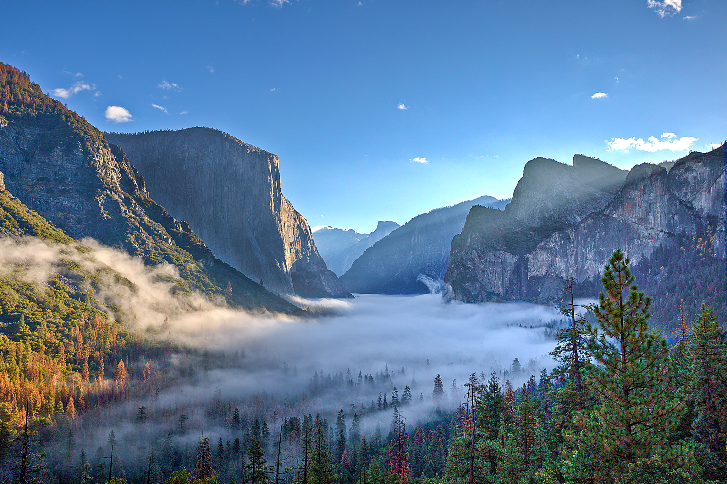 The famous “Tunnel View” and “El Capitan” shortly after Sunrise with the morning fog still resting over the valley. As you can see, the day started out with clear blue skies (but alas, it would not last!)